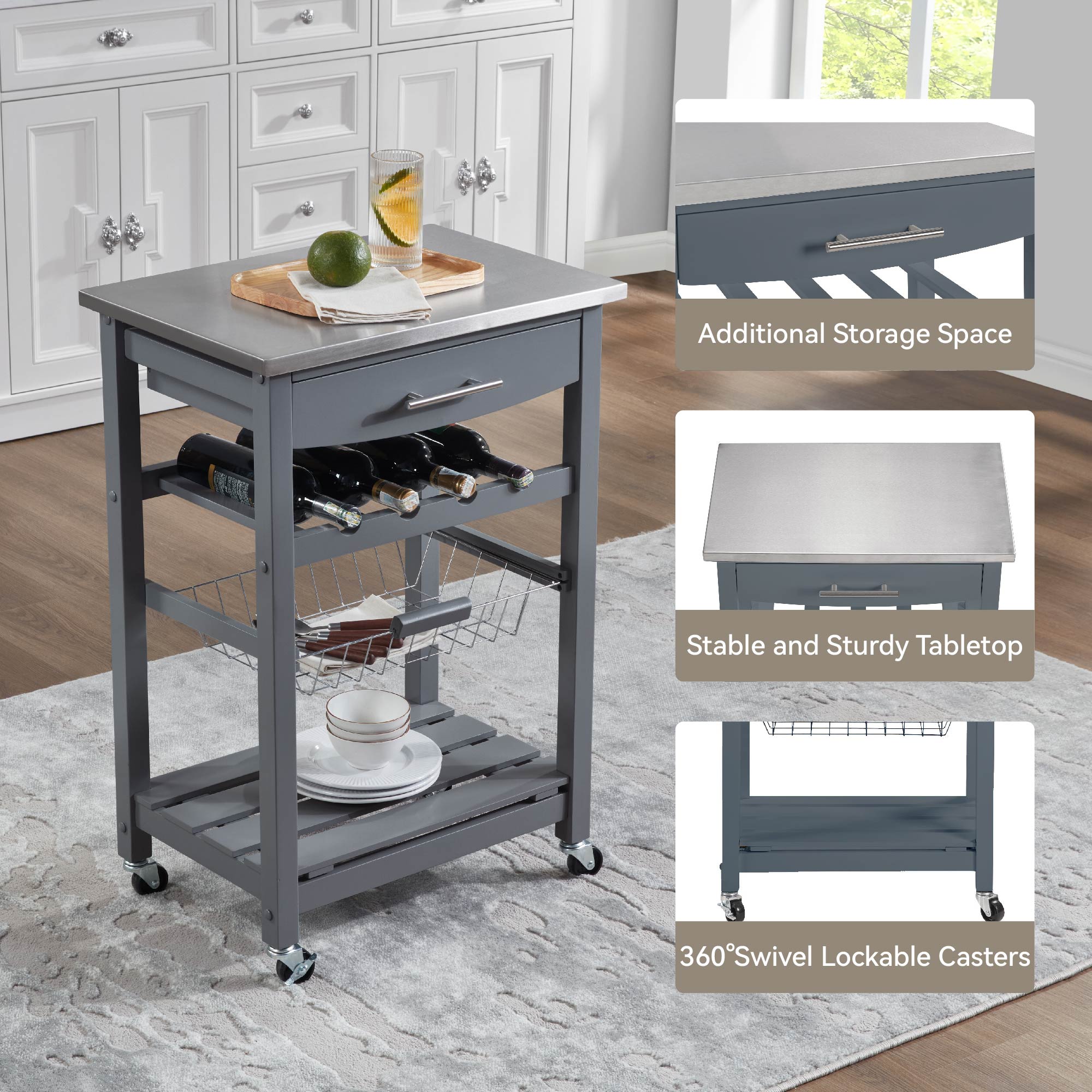 Mobile Rolling Kitchen Island Trolley Serving Cart With Underneath Drawer & Slide-Out Wire Storage Basket_voghion.com